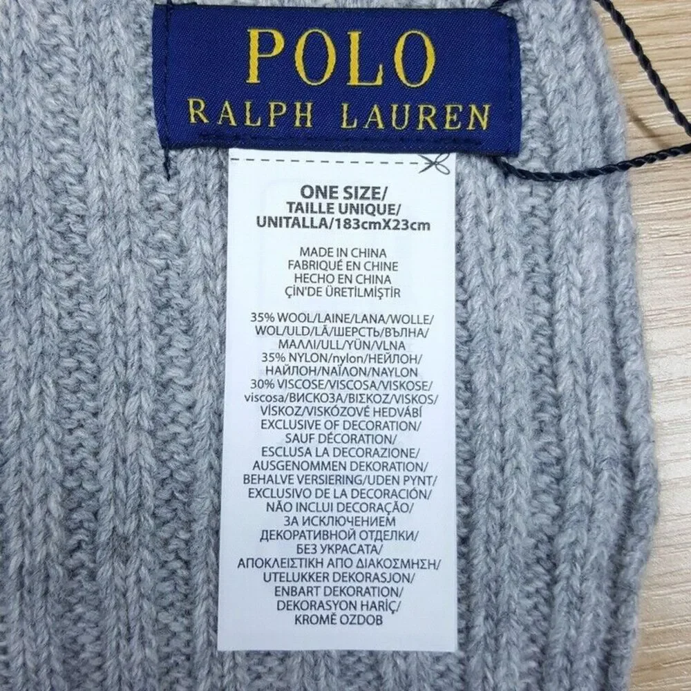 POLO RALPH LAUREN Mens Scarf Gray Ribbed Stripe Hem Wool Blend Pony Logo 9x70
